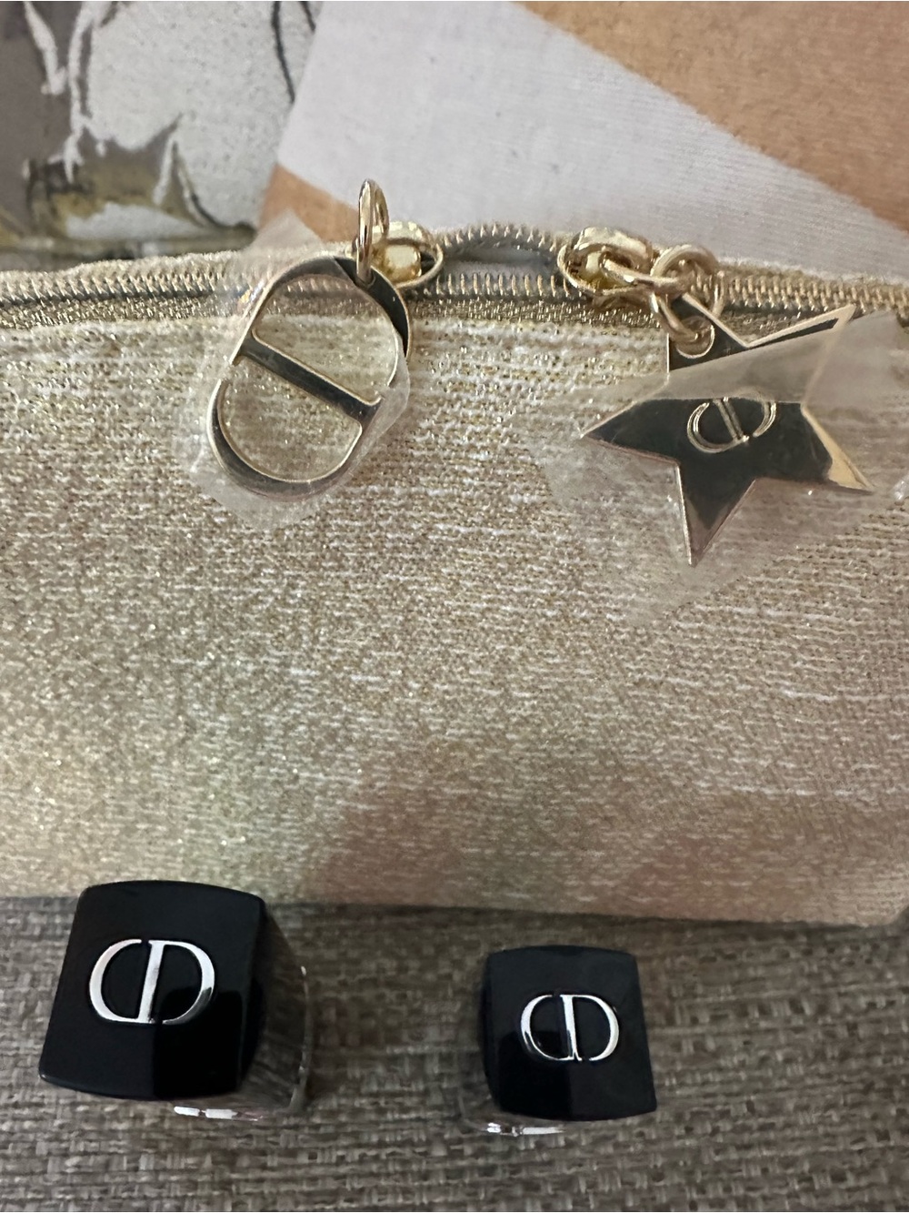 DIOR Gold Metallic Luxury Cosmetic Bag & Travel Pouch With Star & Logo Charm - Picture 12 of 16